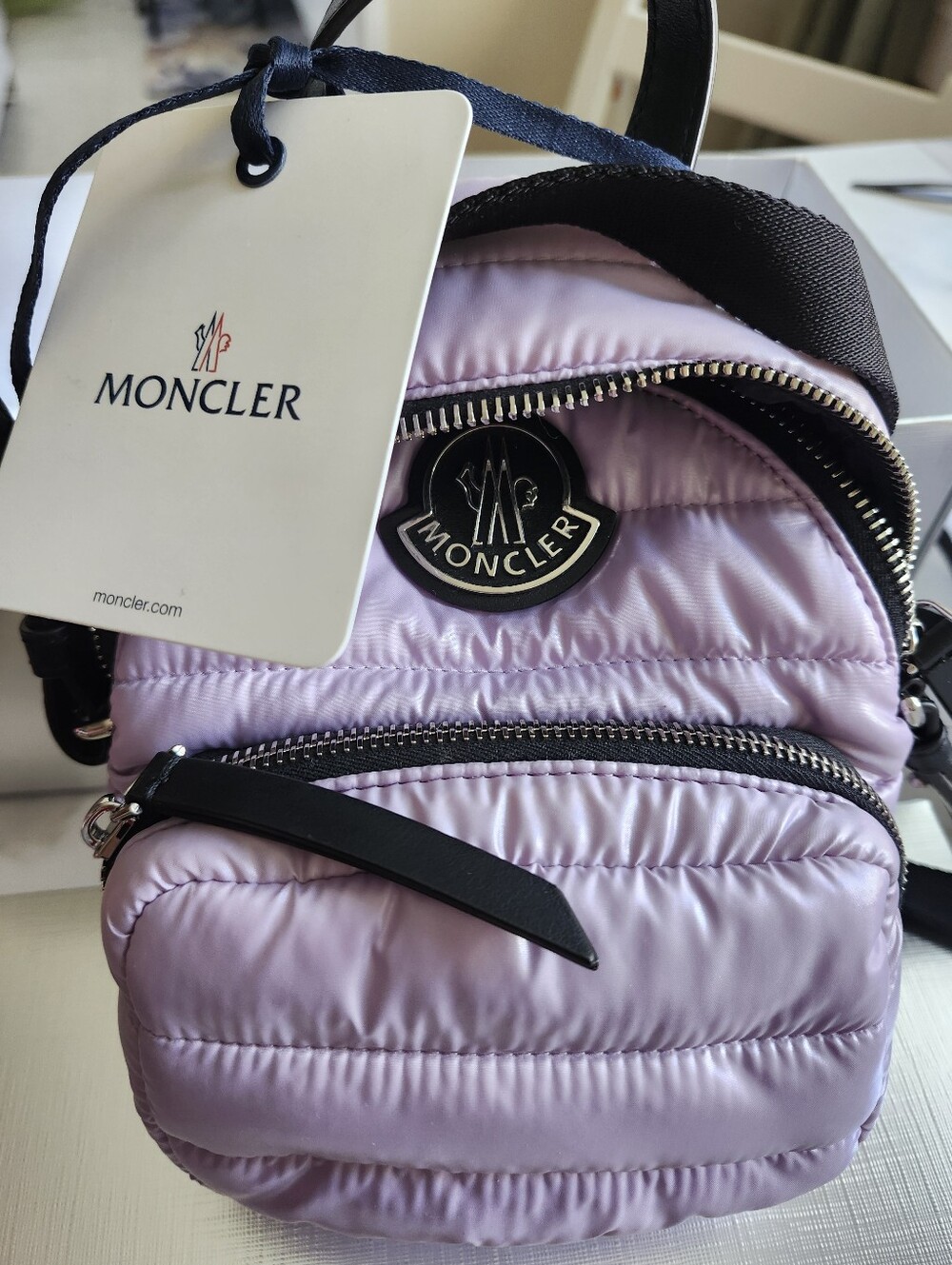 NEW MONCLER Padded Lavender Mini Crossbody Backpack with Black Strap